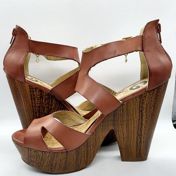 G by GUESS Sylbie Light Brown Strappy Peep Toe Wedge Platform Sandals Size 8.5M - Picture 6 of 13
